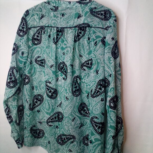 Bon Worth Blouse L Long Sleeve Button Up Simi Sheer Velvet Detail Green Black - Picture 11 of 14